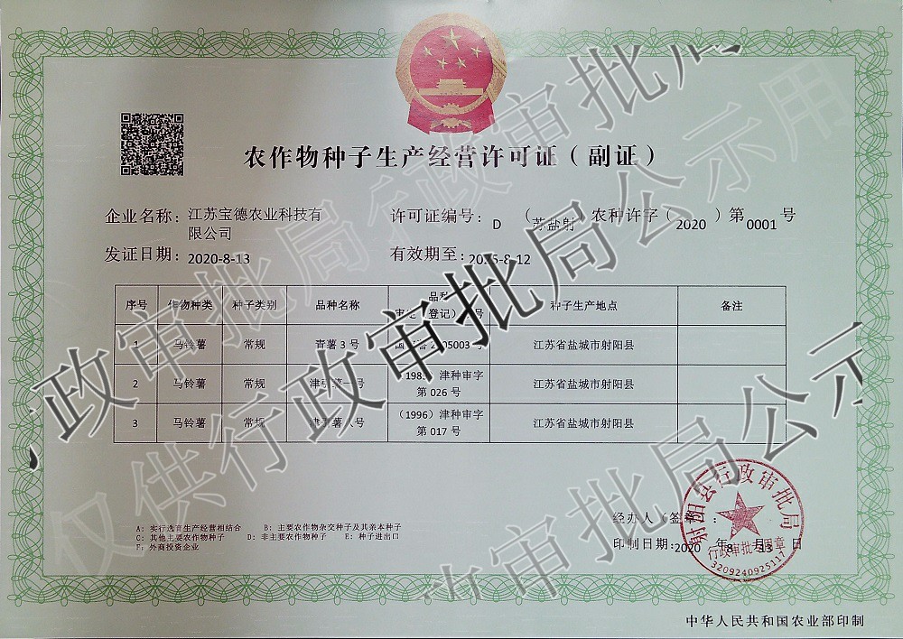 农作物种子生产经营许可证公示